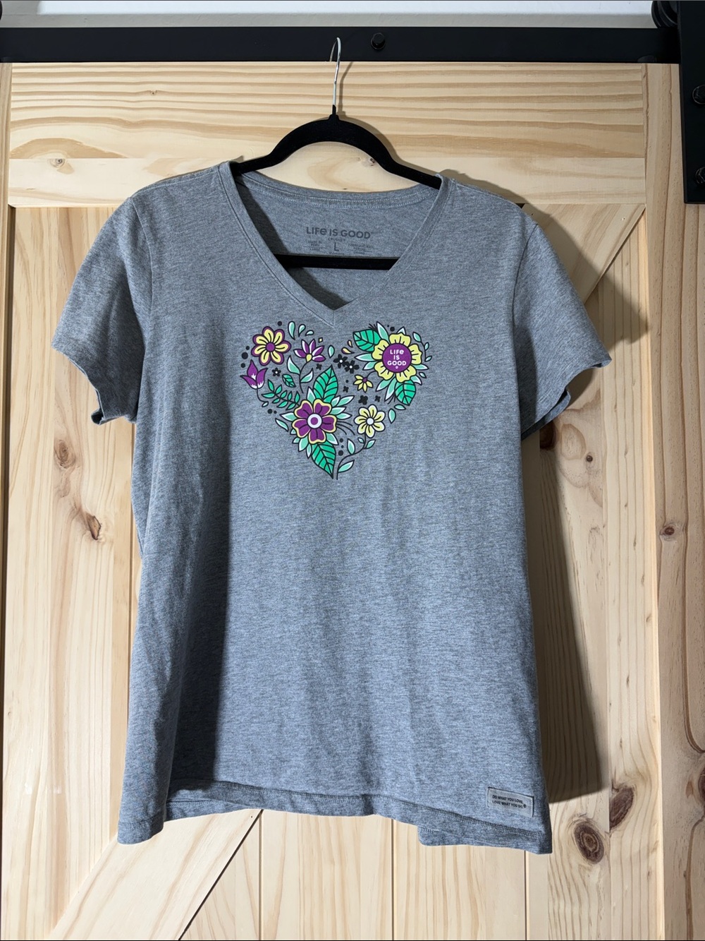 Life Is Good Gray V-Neck Tee with Colorful Floral Heart